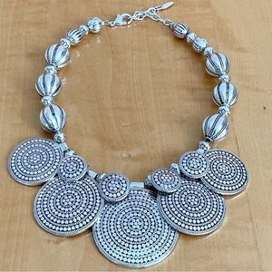 St. Thomas Coin Bib Necklace Silver Tone Textured Statement